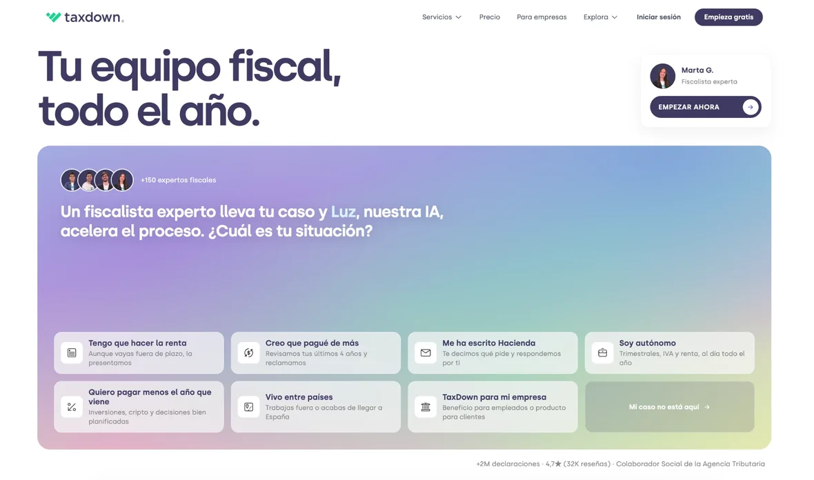 Home de taxdown.es tras el rediseño: un solo titular, el selector de situación y la prueba social dentro del hero